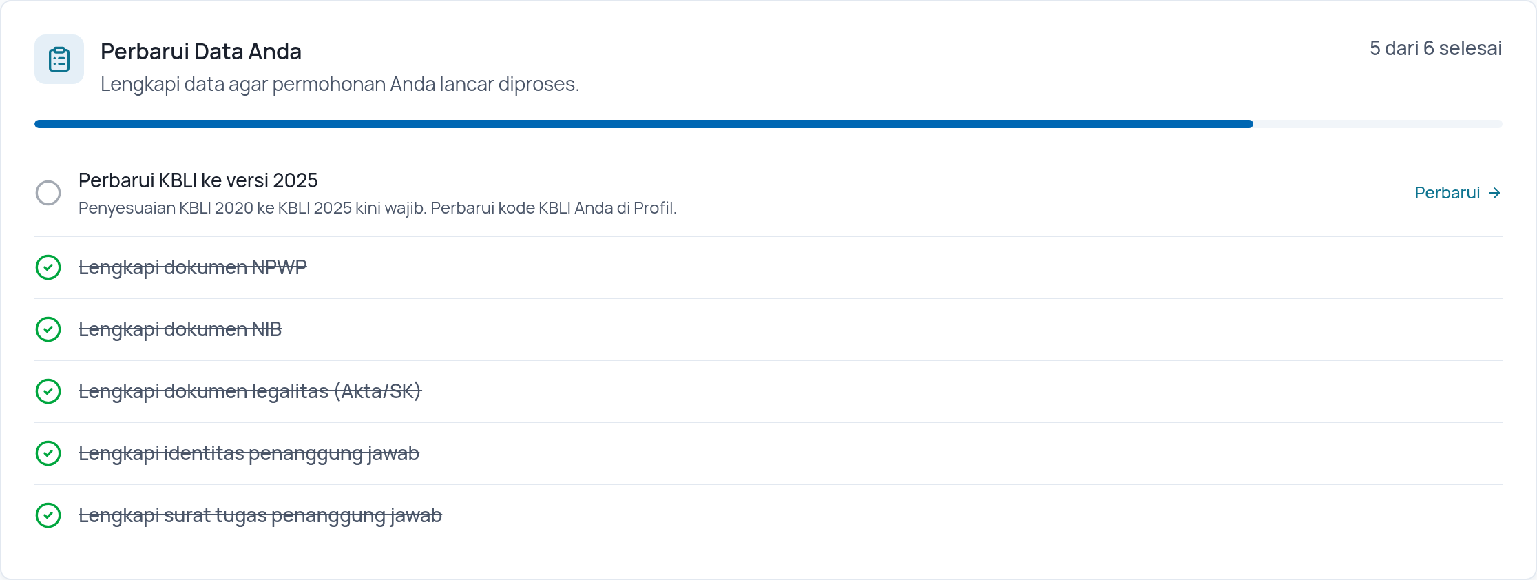 Kartu Perbarui Data Anda di dashboard dengan butir Perbarui KBLI ke versi 2025