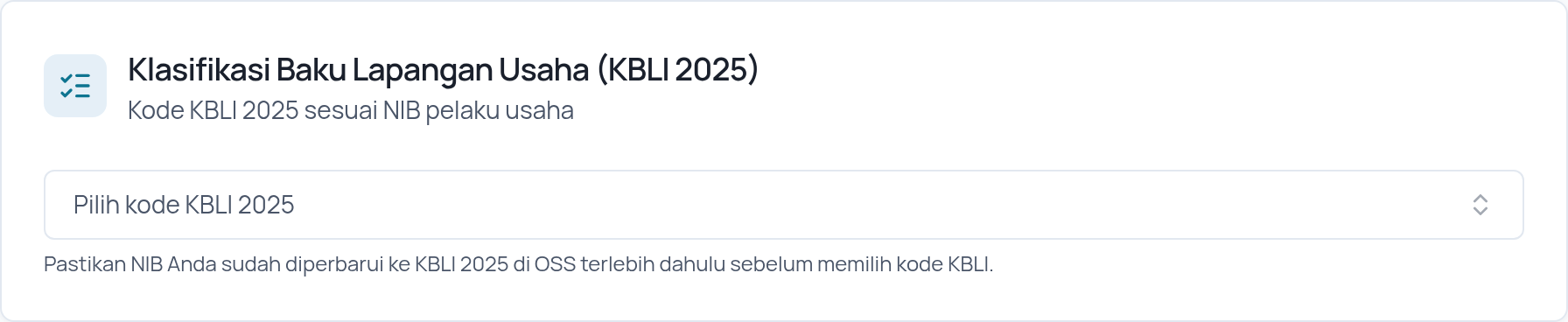 Pemilihan kode KBLI 2025 pada mode edit profil dengan catatan pembaruan OSS