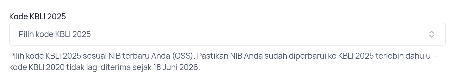 Field Kode KBLI 2025 pada formulir registrasi