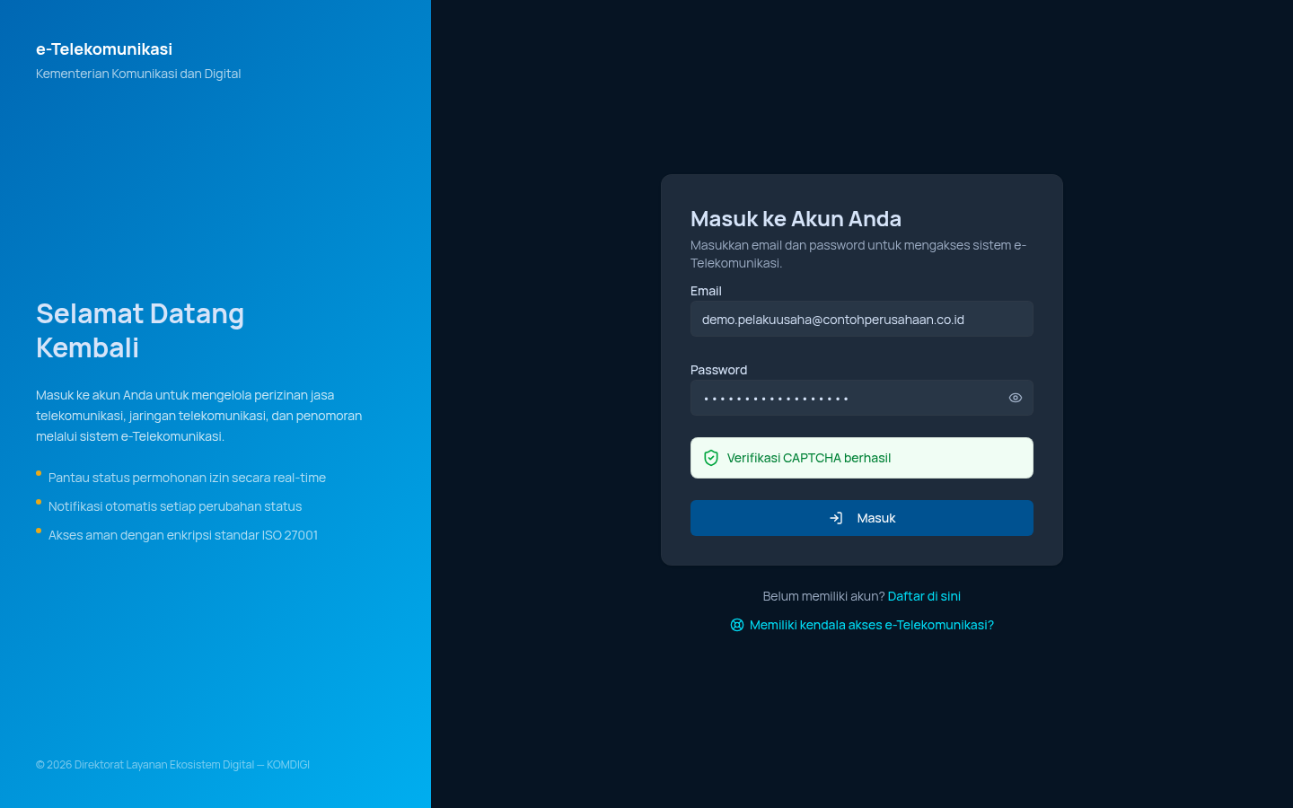Form Login terisi lengkap dengan CAPTCHA terverifikasi