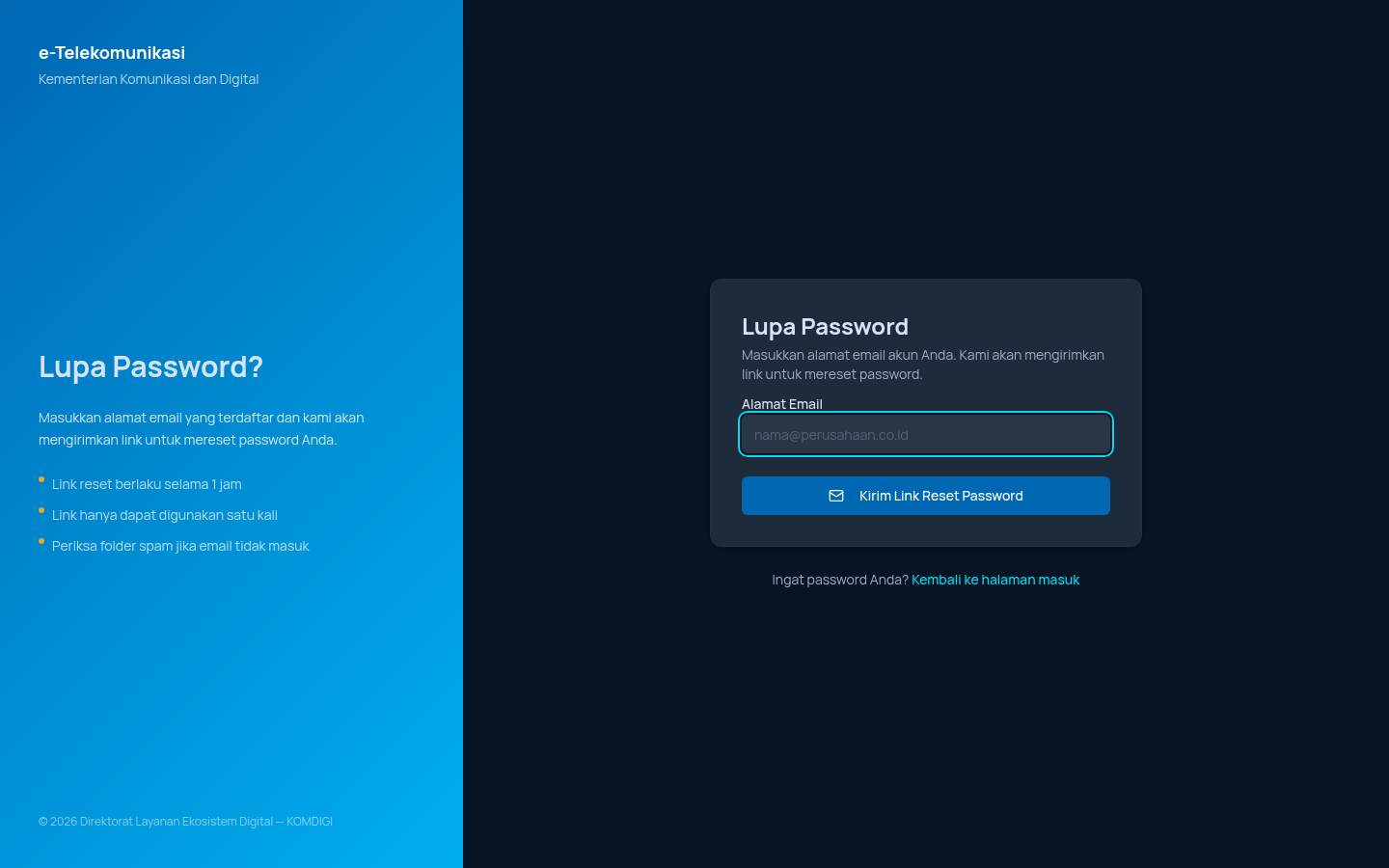 Halaman Lupa Password kosong