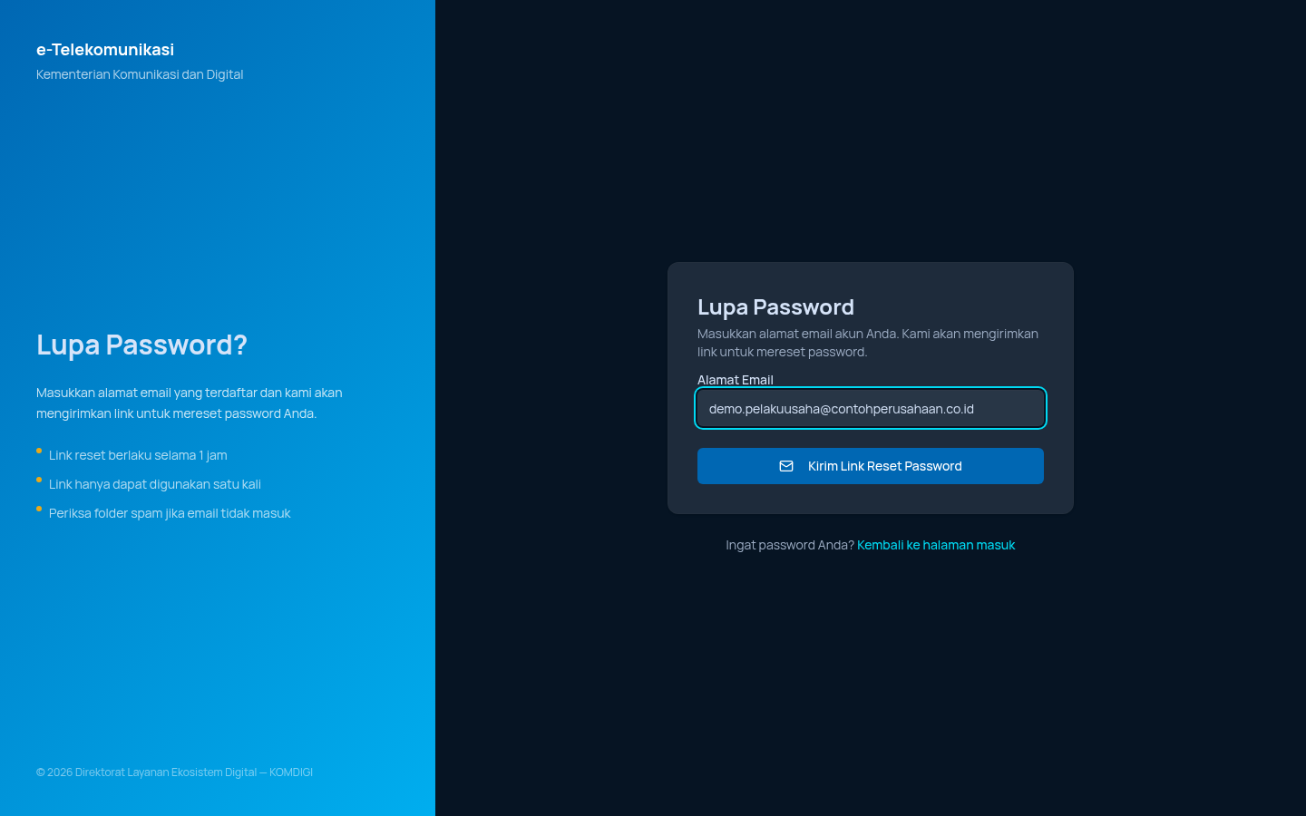 Form Lupa Password terisi dengan email contoh