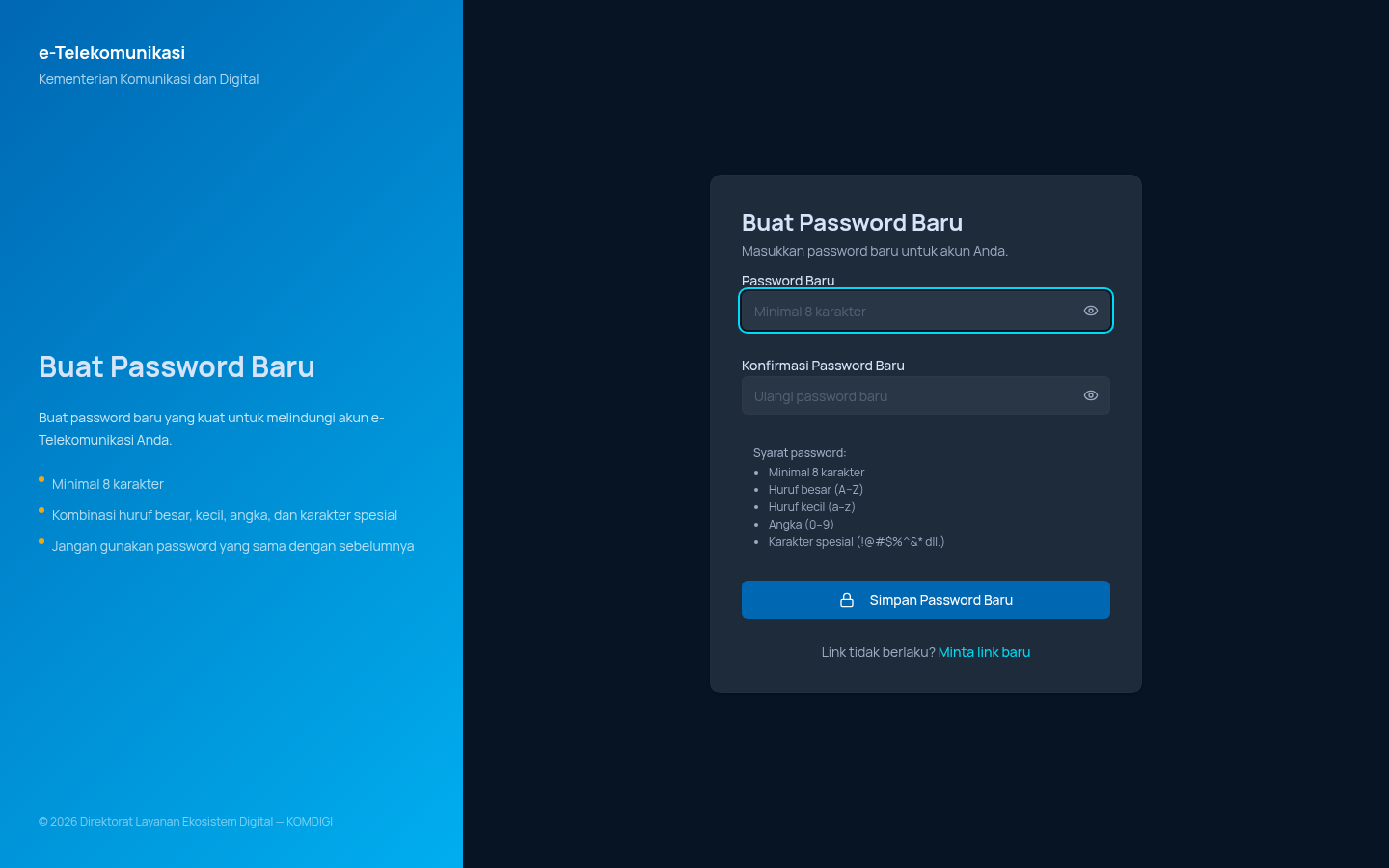 Form Buat Password Baru kosong