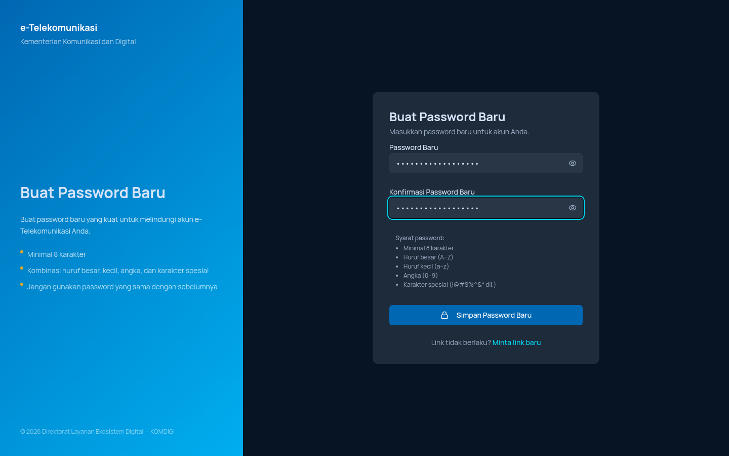 Form Buat Password Baru terisi lengkap