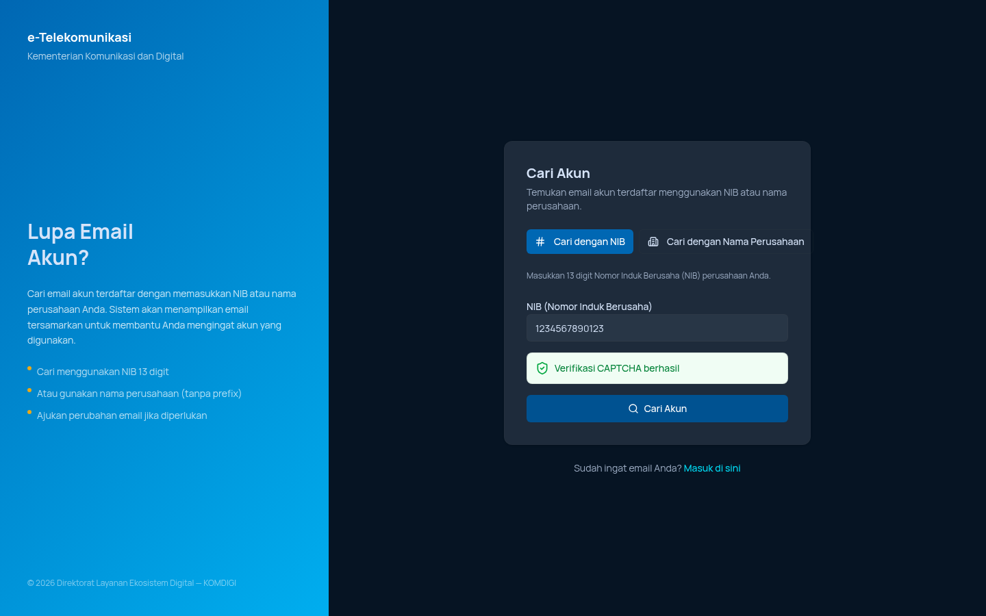 Form Cari Akun dengan NIB terisi, CAPTCHA terverifikasi