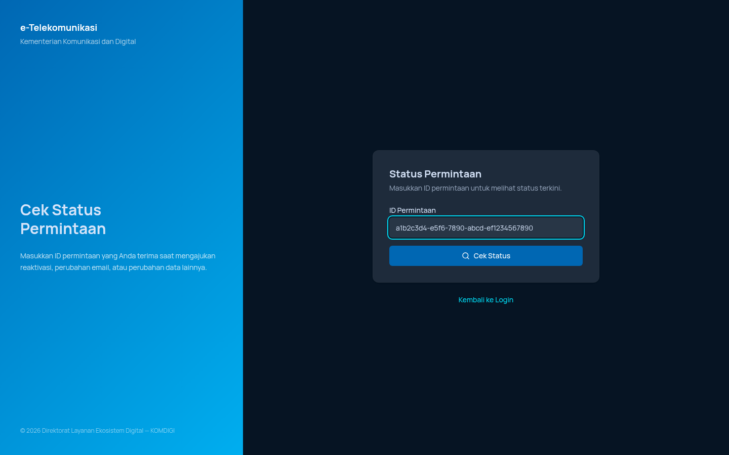 Form Cek Status Permintaan terisi dengan ID contoh