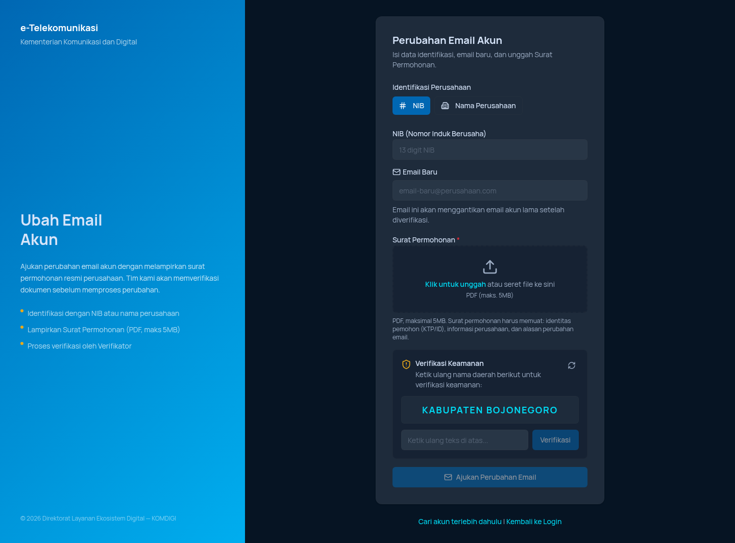 Halaman Ubah Email Akun kosong, tab NIB aktif