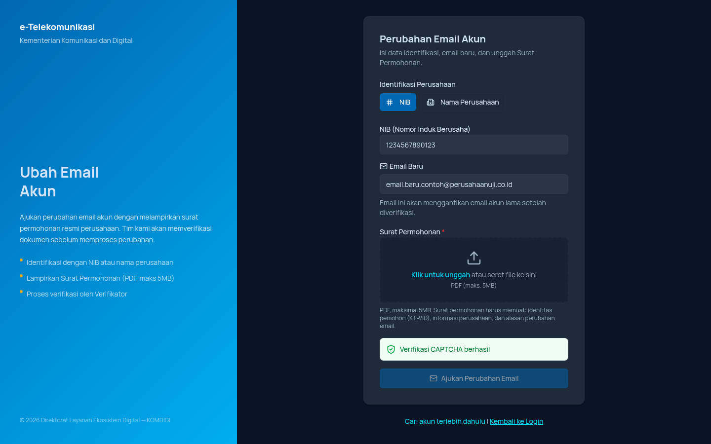 Form Ubah Email via NIB terisi (tanpa unggah file)