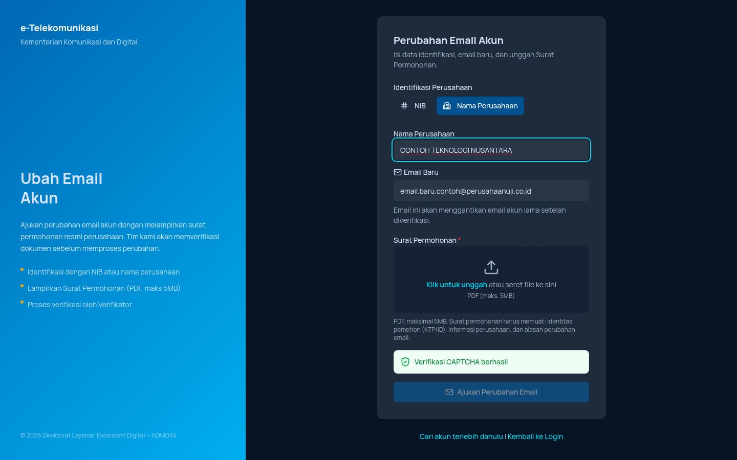 Form Ubah Email via Nama Perusahaan terisi
