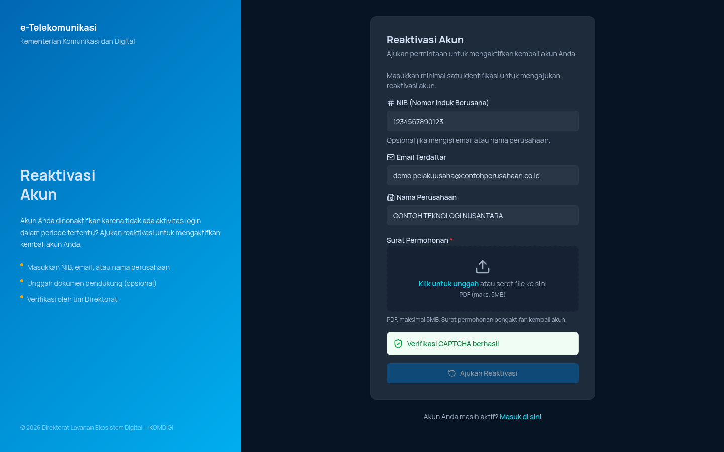 Form Reaktivasi Akun terisi (tanpa unggah file)
