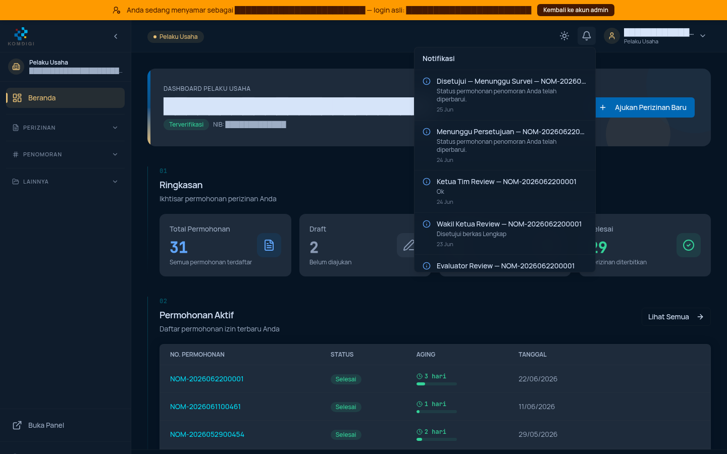 Dropdown notifikasi dari ikon lonceng