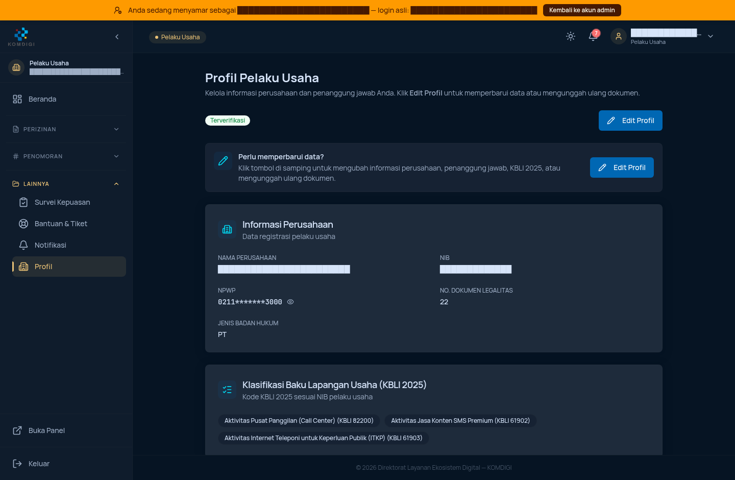 Bagian atas halaman Profil Pelaku Usaha