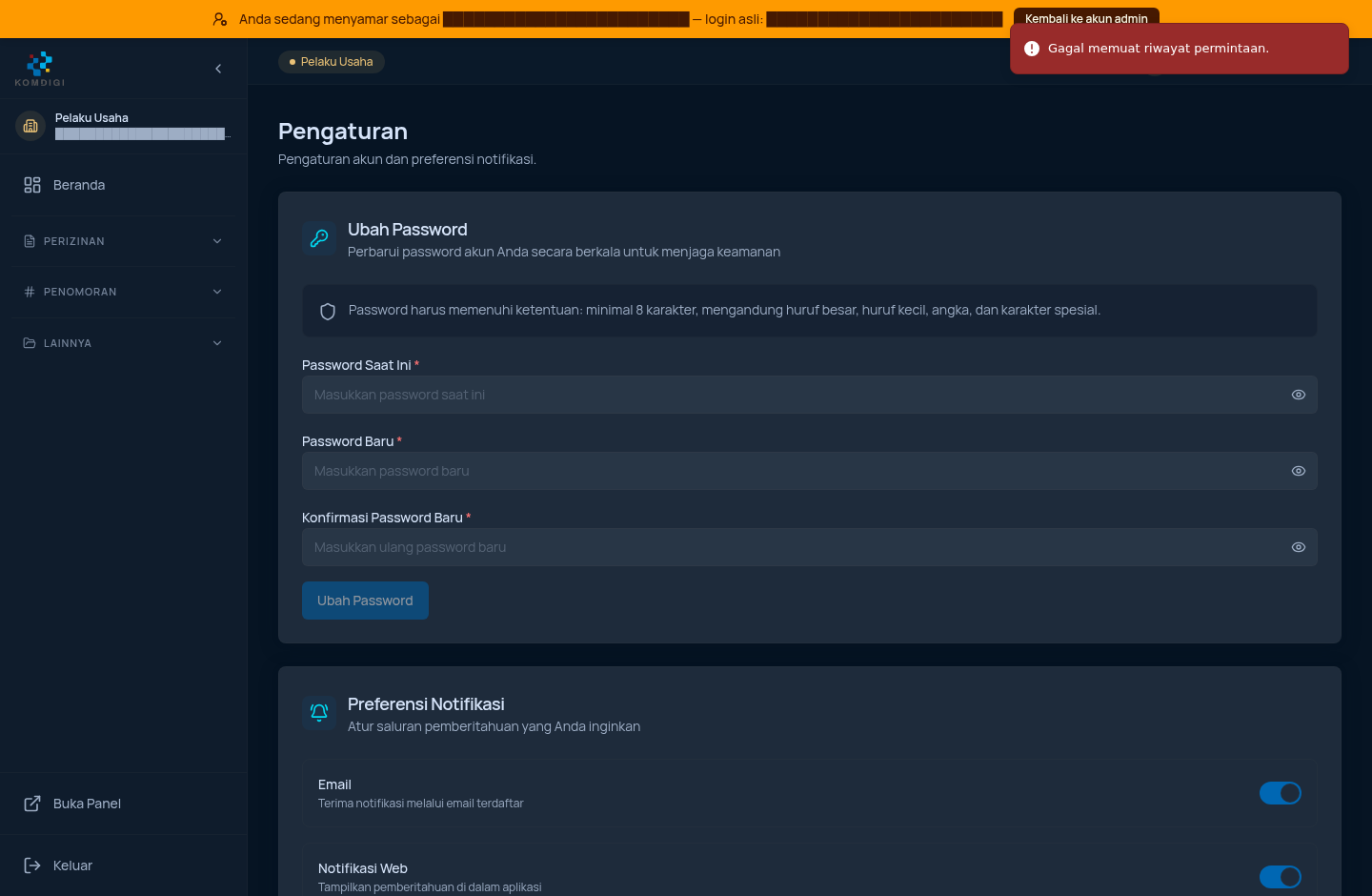 Halaman Pengaturan akun: Ubah Password dan Preferensi Notifikasi