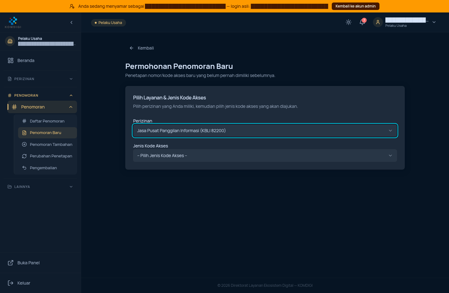 Perizinan terpilih, dropdown Jenis Kode Akses siap diklik
