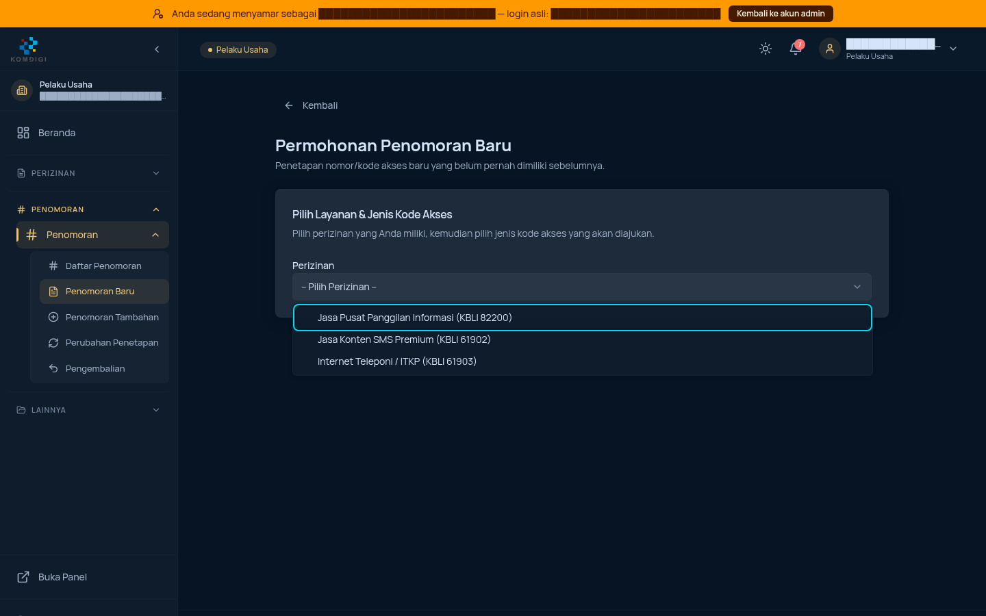 Dropdown pilihan Perizinan terbuka