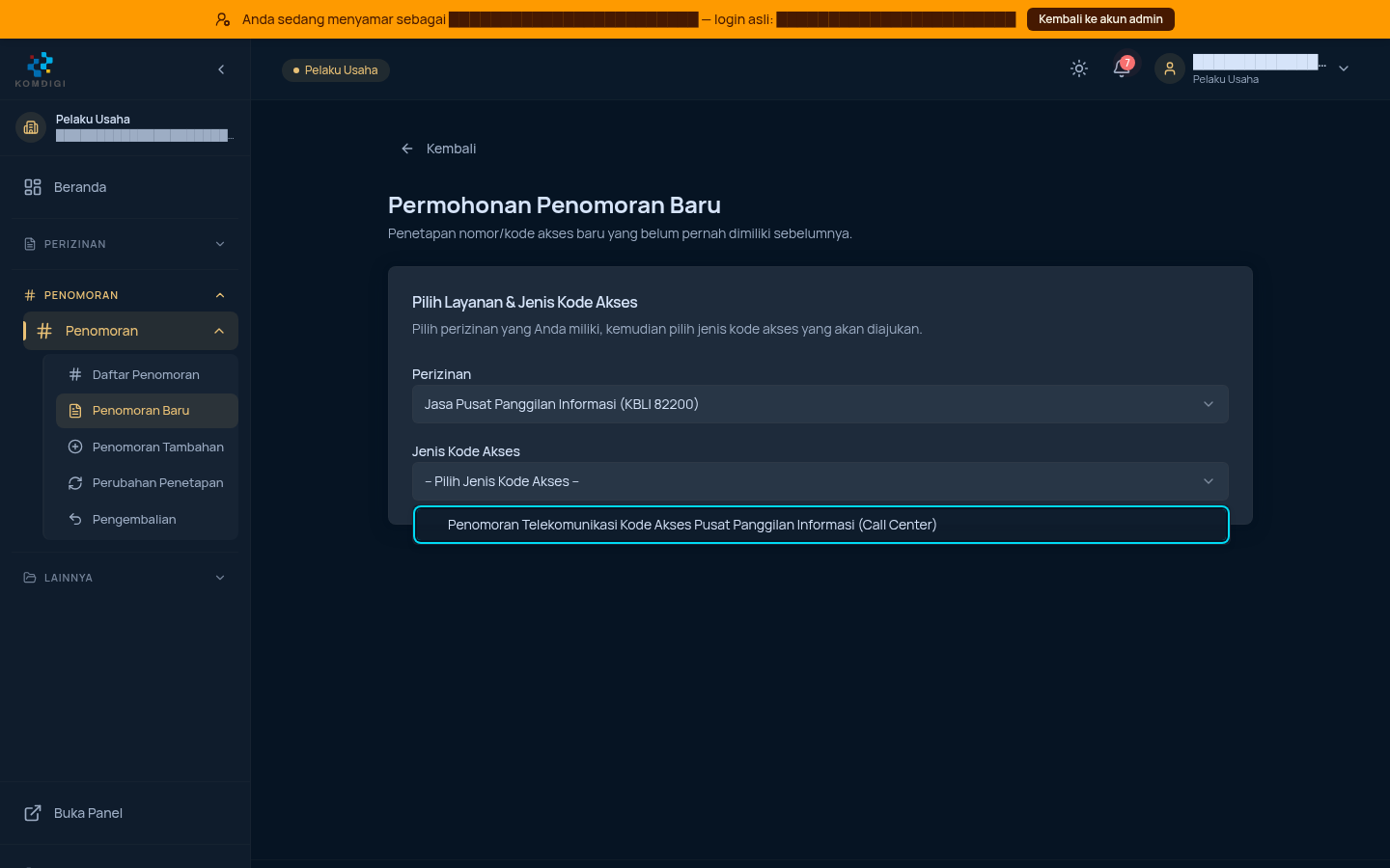 Dropdown Jenis Kode Akses terbuka