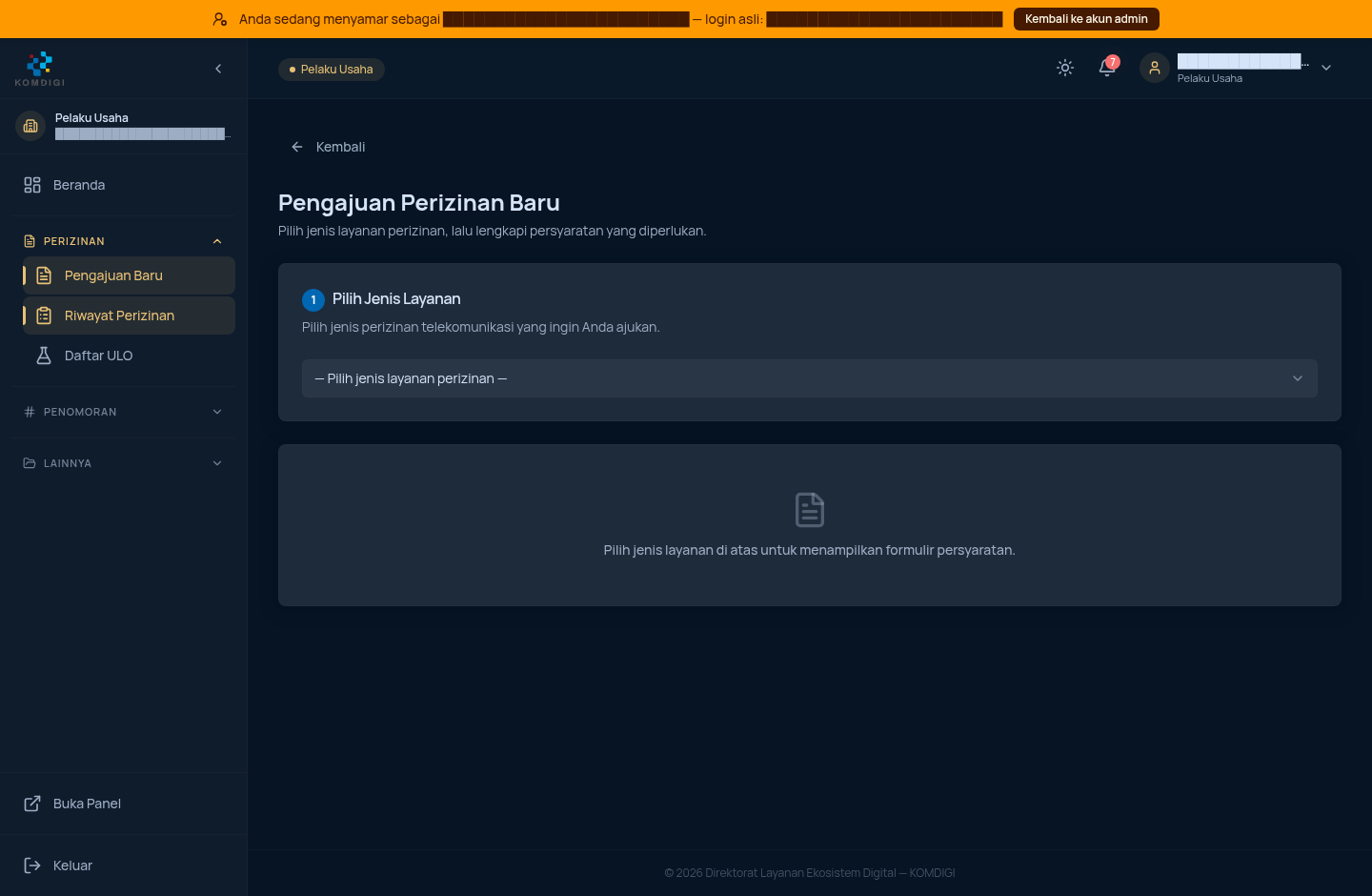 Tampilan awal halaman Pengajuan Perizinan Baru sebelum memilih layanan