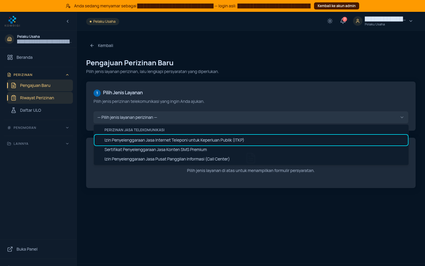 Dropdown jenis layanan terbuka menampilkan kategori Perizinan Jasa Telekomunikasi beserta daftar layanannya