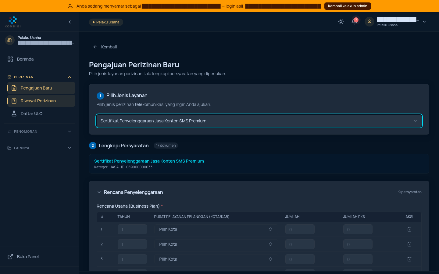 Formulir dinamis untuk layanan berbeda: Sertifikat Penyelenggaraan Jasa Konten SMS Premium, dengan kolom tabel "JUMLAH PKS"