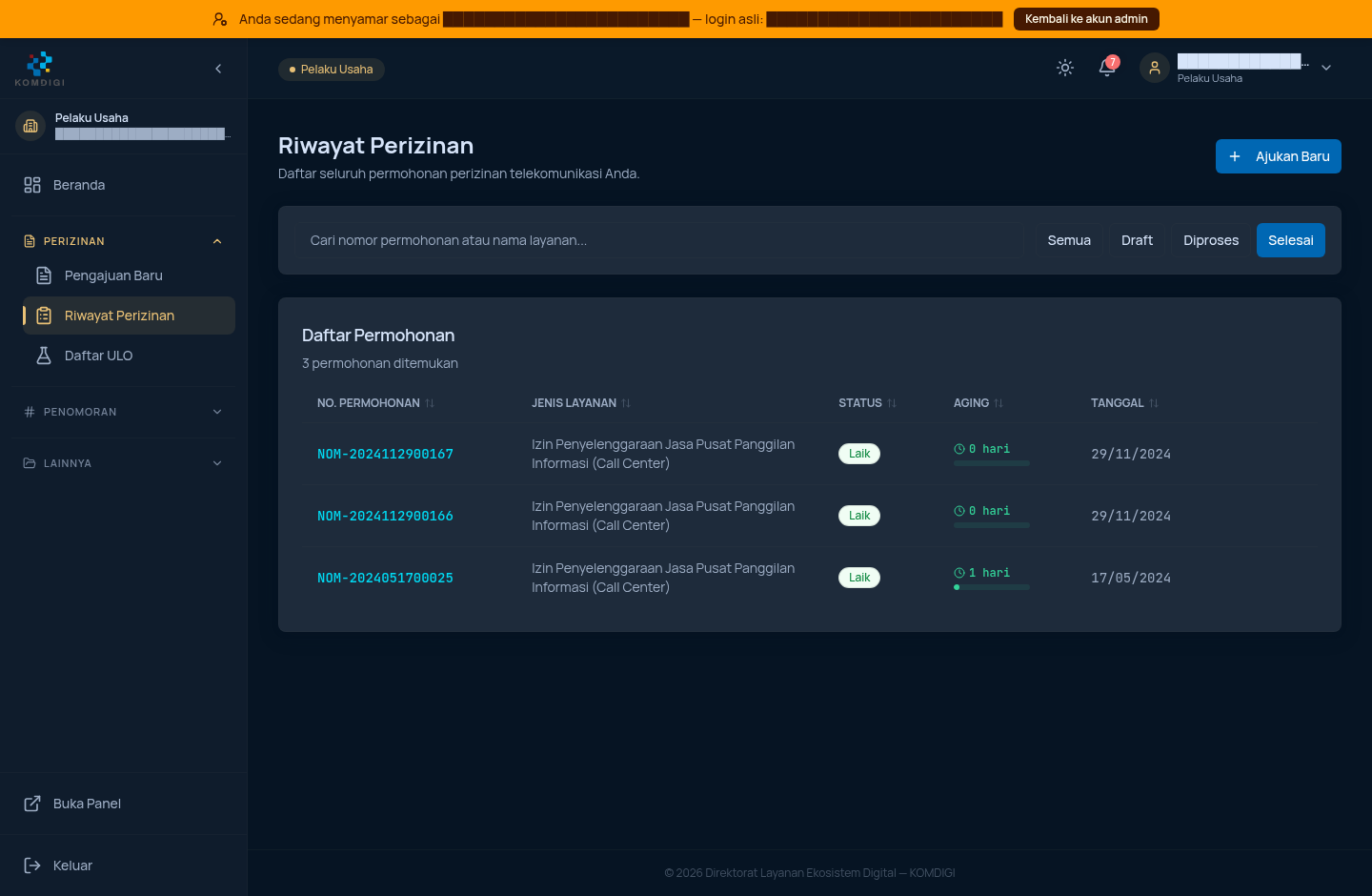 Daftar permohonan - filter Selesai