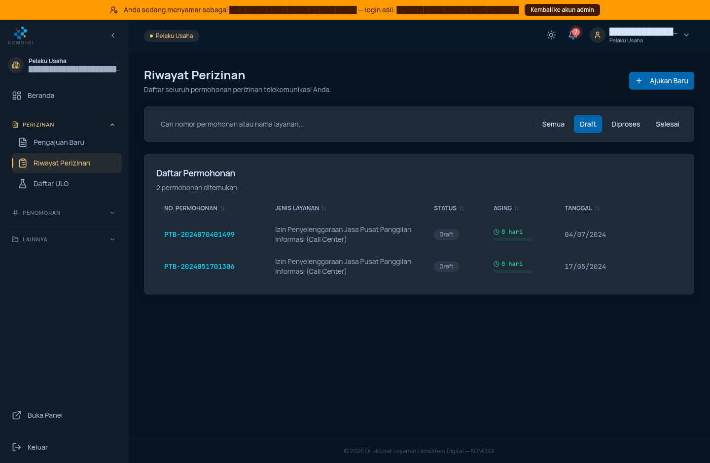 Daftar permohonan - filter Draft