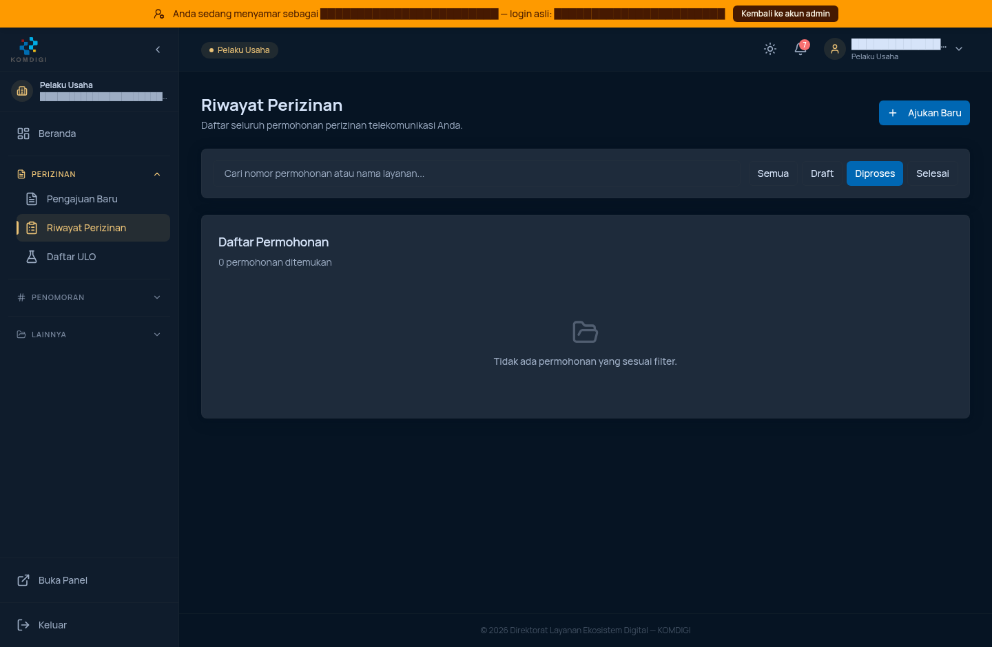 Daftar permohonan - filter Diproses (kosong)