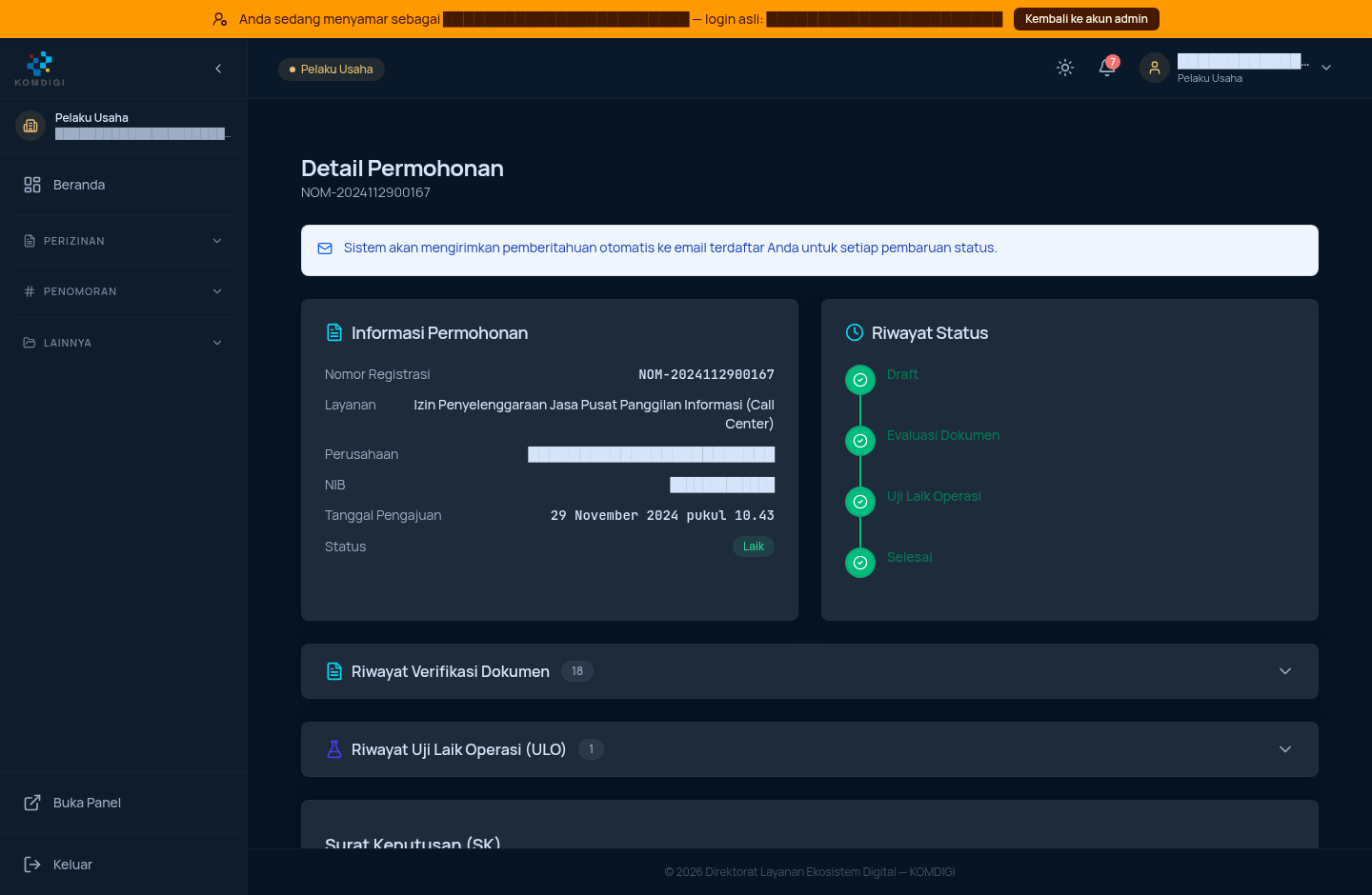 Detail permohonan Selesai - ringkasan dan riwayat status