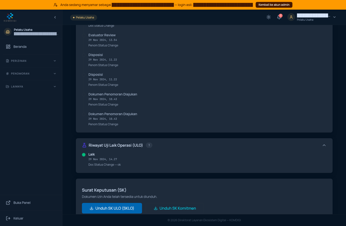 Detail permohonan - riwayat dokumen, ULO, dan tombol unduh SK