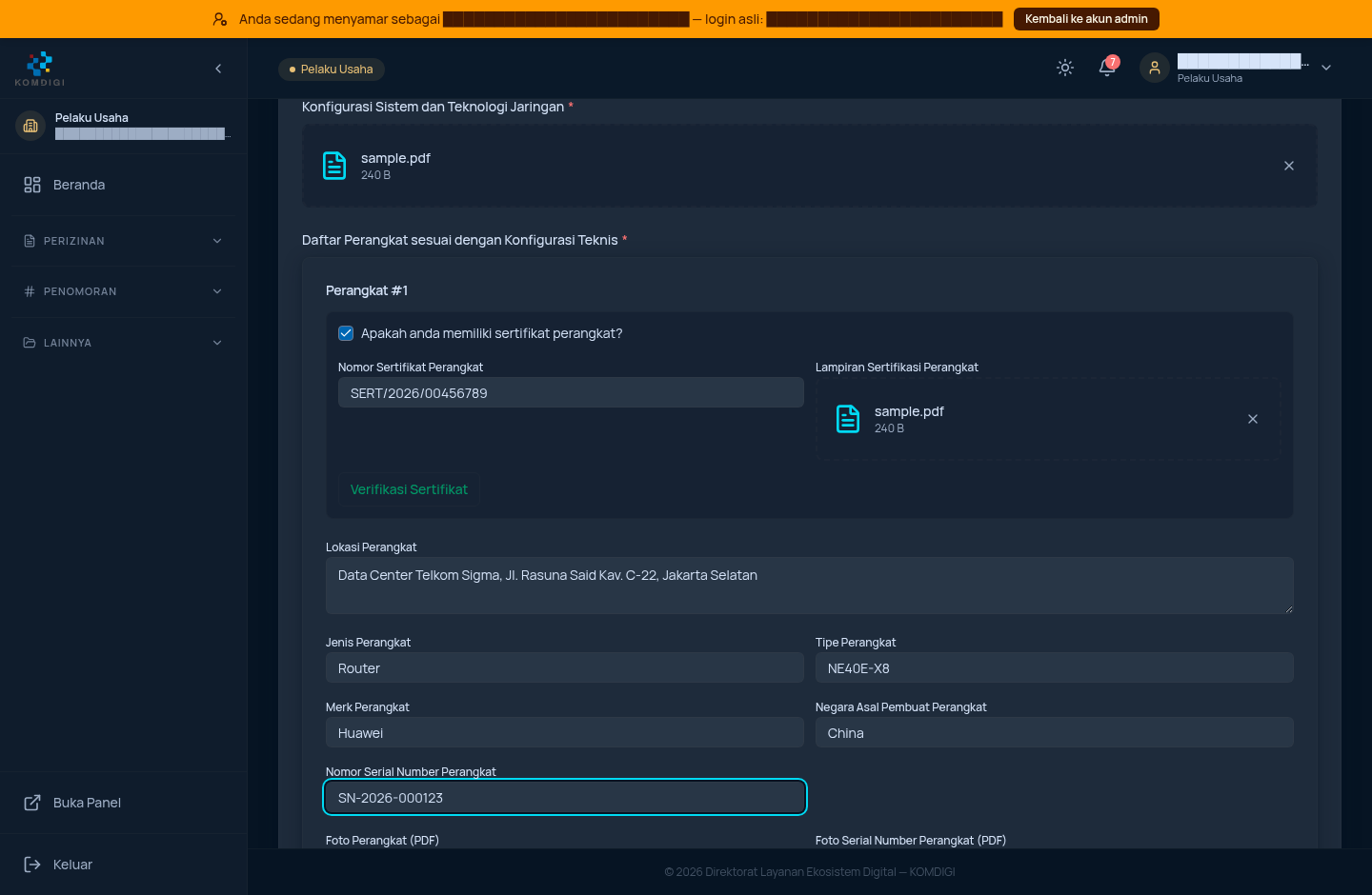 Kartu Perangkat #1 terisi lengkap beserta data sertifikat