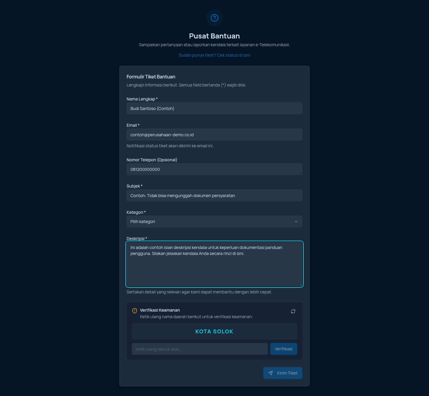 Pusat Bantuan (contoh formulir terisi data placeholder)