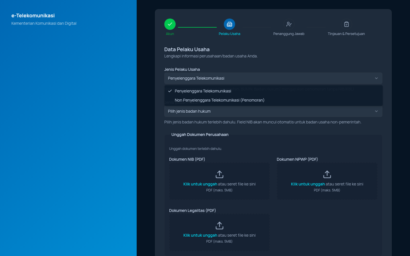 Dropdown Jenis Pelaku Usaha terbuka