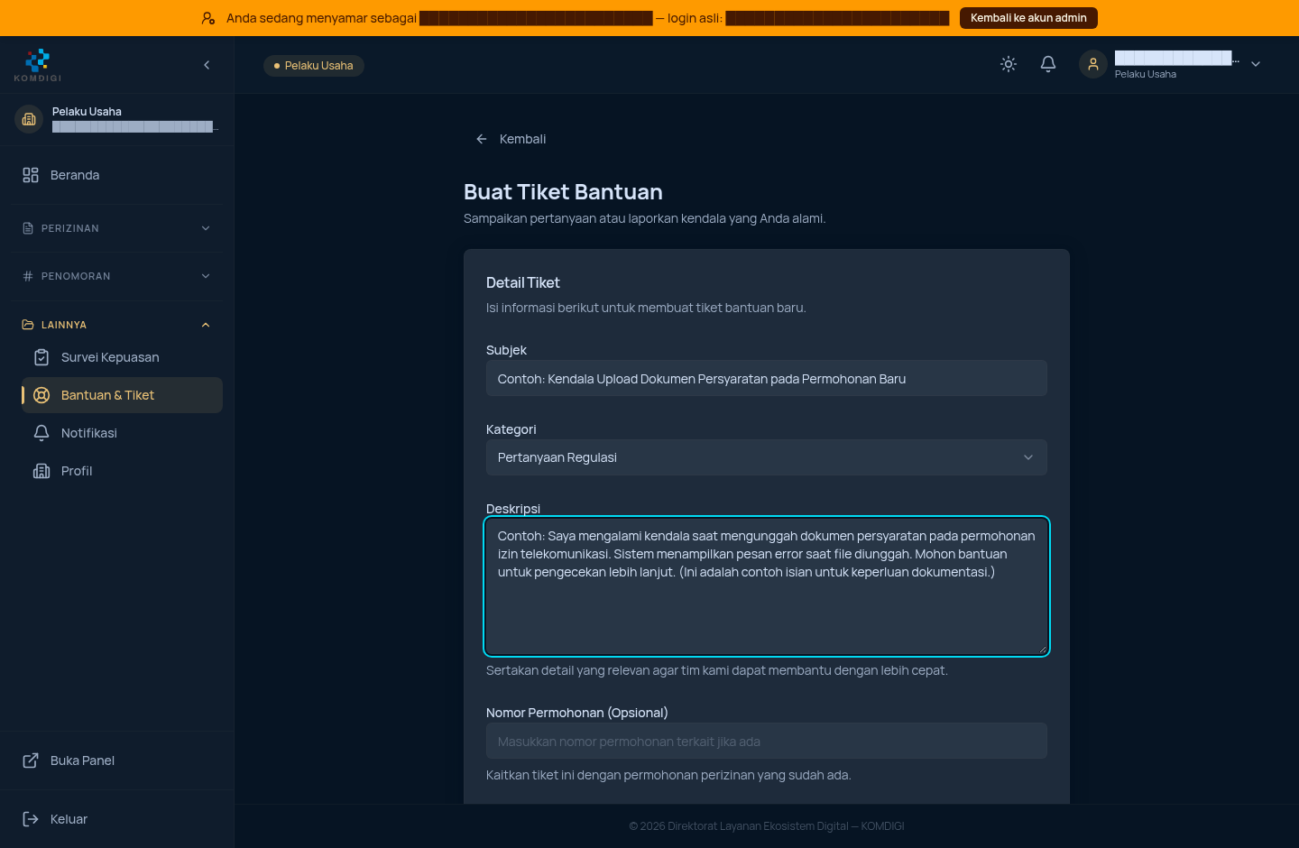 Formulir Buat Tiket Bantuan terisi contoh data