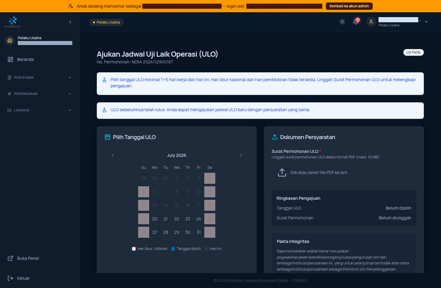 Formulir Ajukan Jadwal ULO — kalender dan unggah dokumen