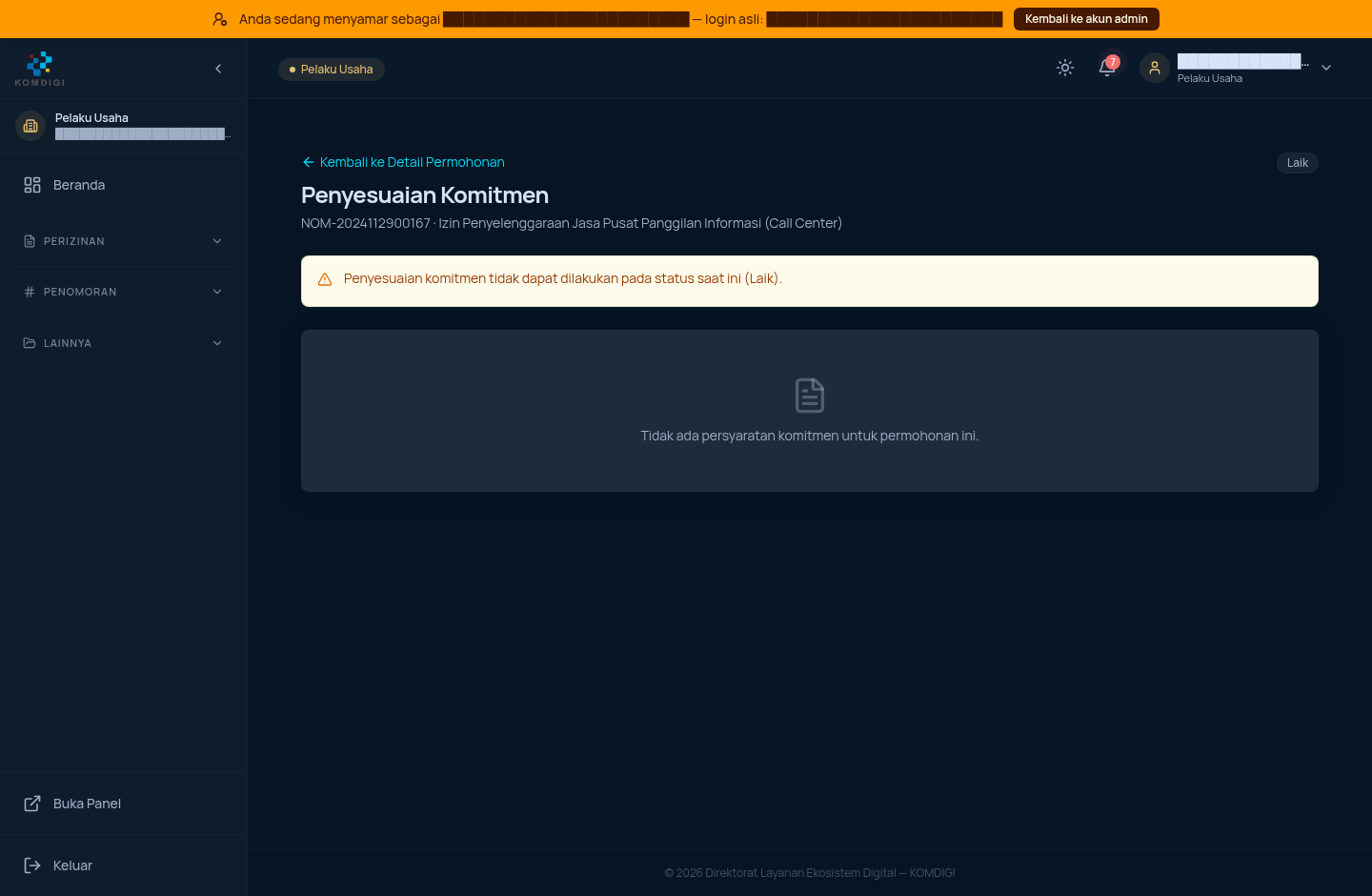 Halaman Penyesuaian Komitmen — status tidak dapat diproses karena izin sudah Laik
