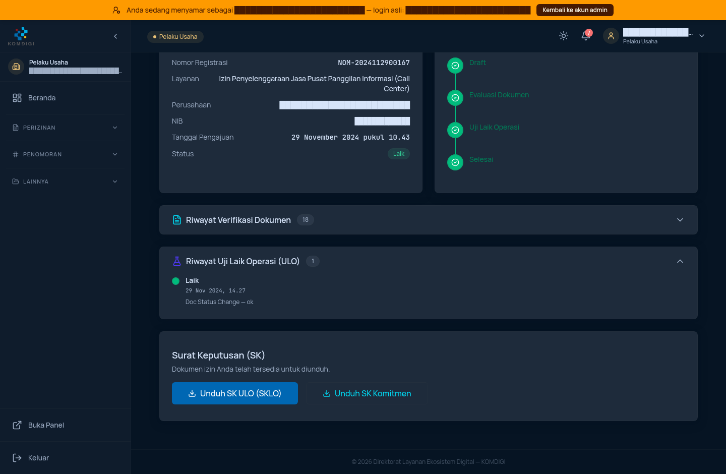 Detail Permohonan dengan Riwayat ULO dan tombol unduh SK