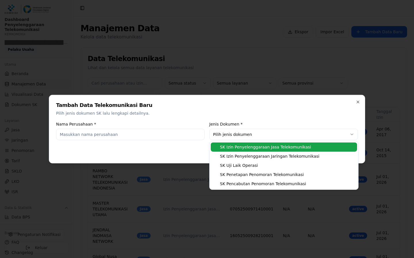 Dropdown Jenis Dokumen pada formulir Tambah Data menampilkan lima jenis SK