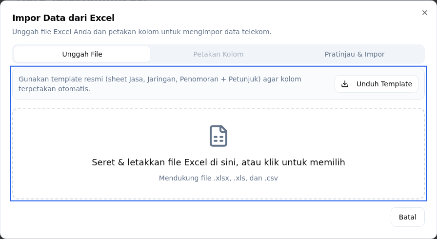 Dialog Impor Data dari Excel dengan tombol Unduh Template