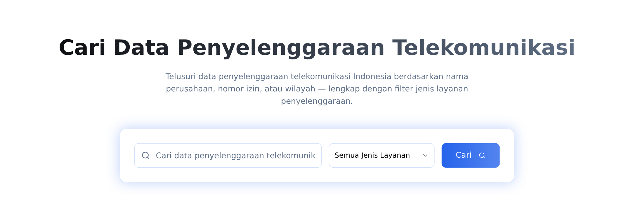 Section Cari Data Penyelenggaraan Telekomunikasi dengan filter jenis layanan