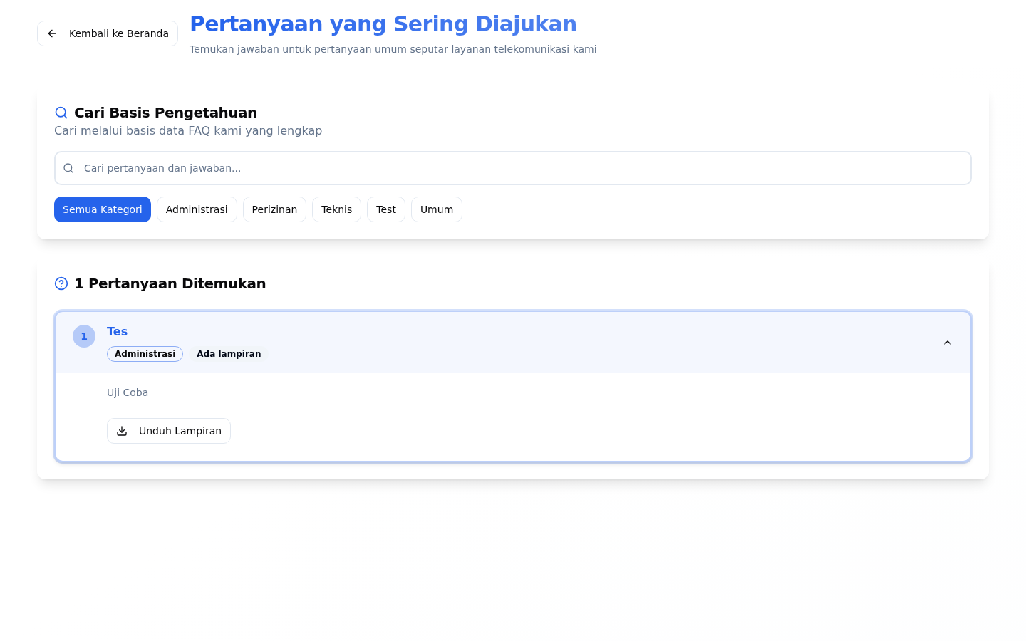 Contoh pertanyaan FAQ yang sudah dibuka, menampilkan jawaban dan tombol unduh lampiran